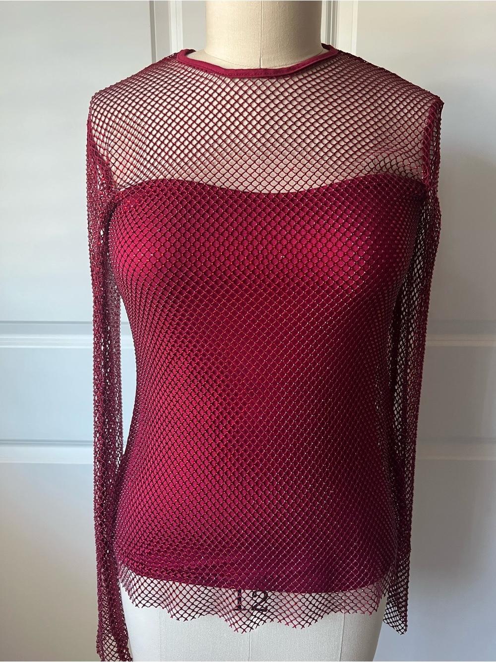 Aqua Burgundy Crystal Mesh Overlay Long Sleeve Top